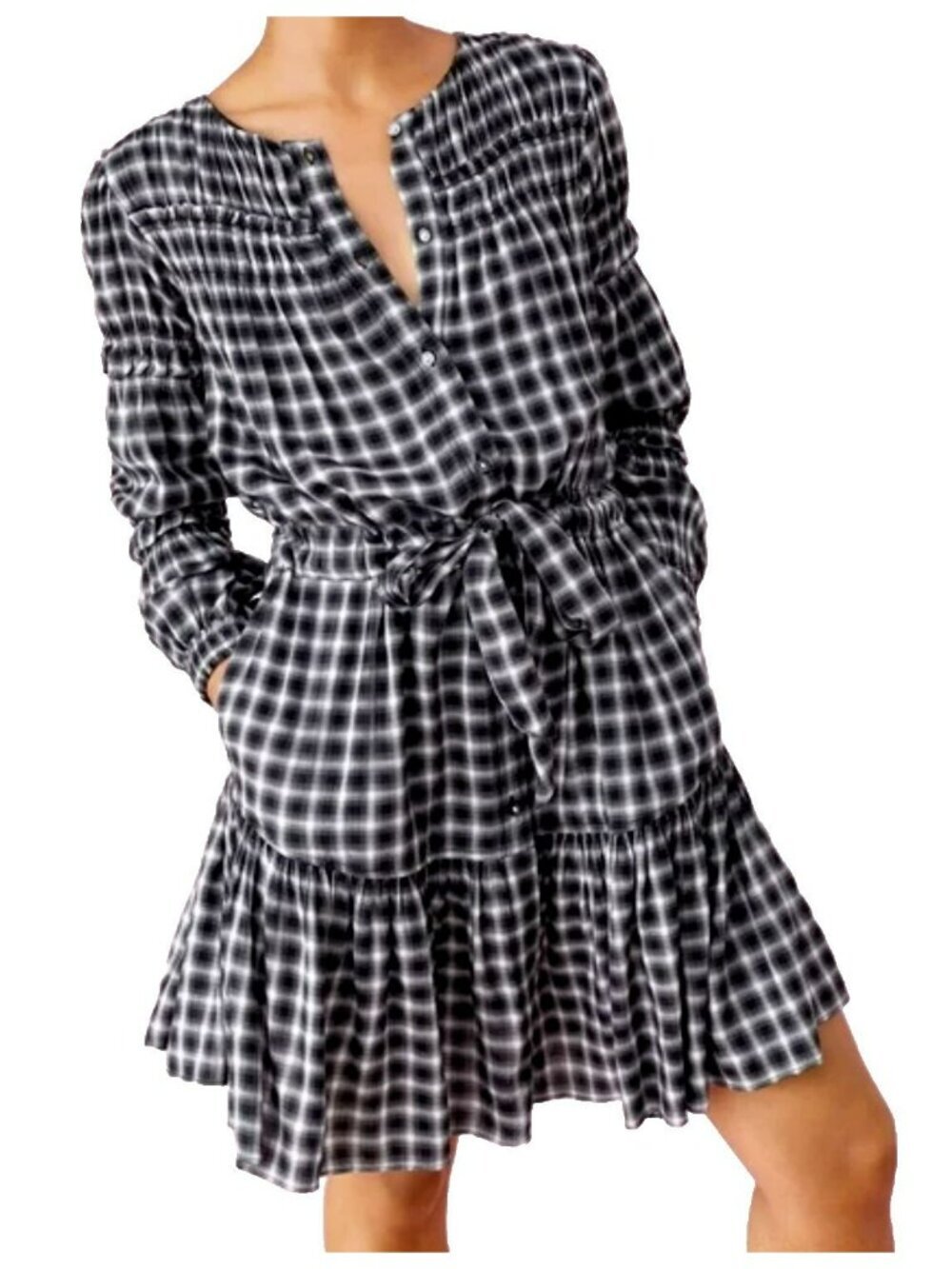 Rebecca Taylor La Vie Plaid Drawstring Waist Long Sleeve Mini Dress NWT XS